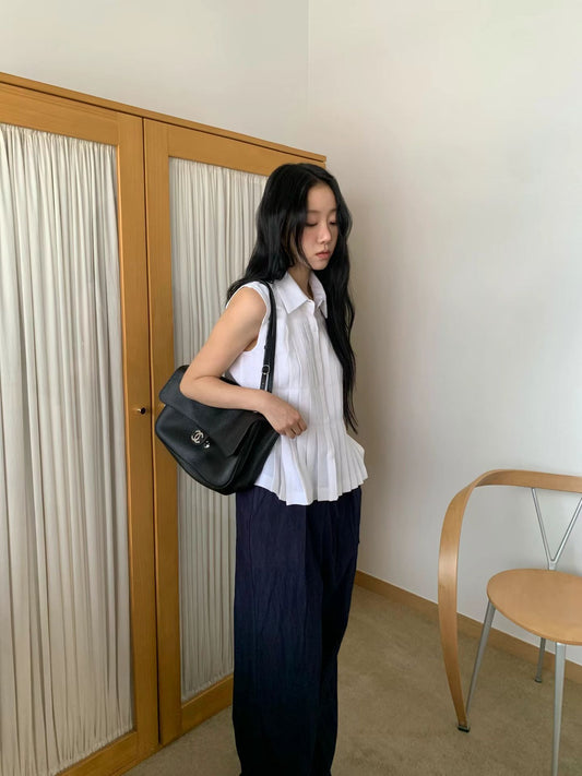 Linen Pleated Short-sleeved Shirt (2 Colors)