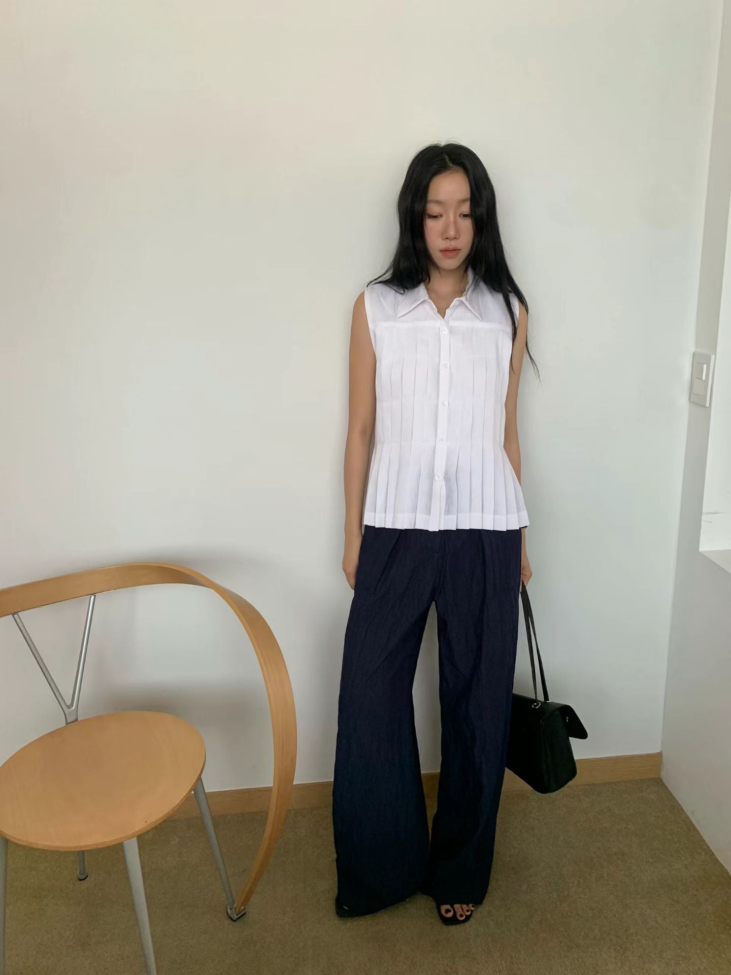 Linen Pleated Short-sleeved Shirt (2 Colors)