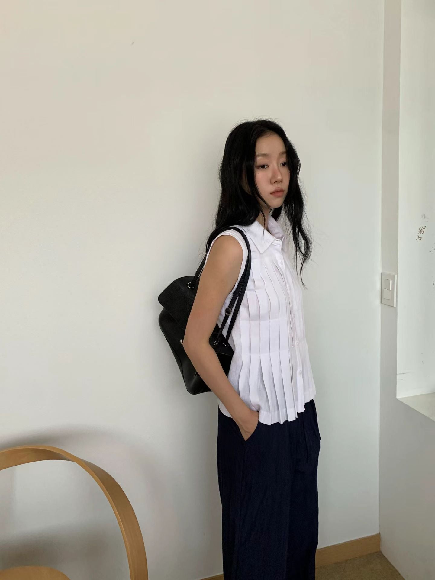 Linen Pleated Short-sleeved Shirt (2 Colors)