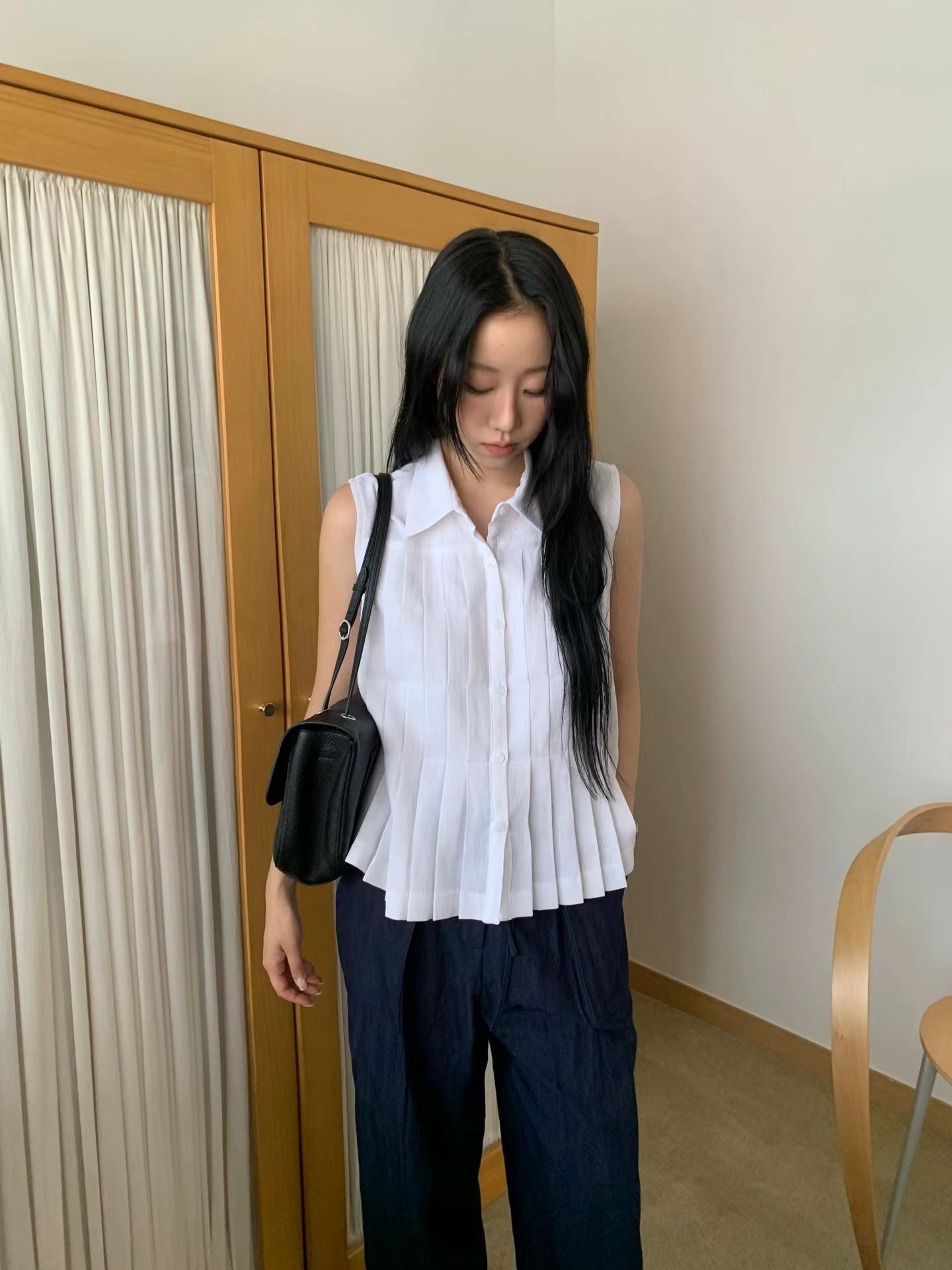 Linen Pleated Short-sleeved Shirt (2 Colors)