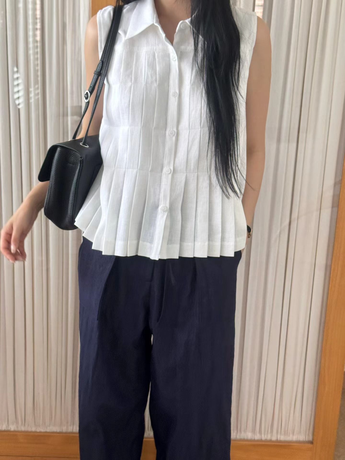 Linen Pleated Short-sleeved Shirt (2 Colors)