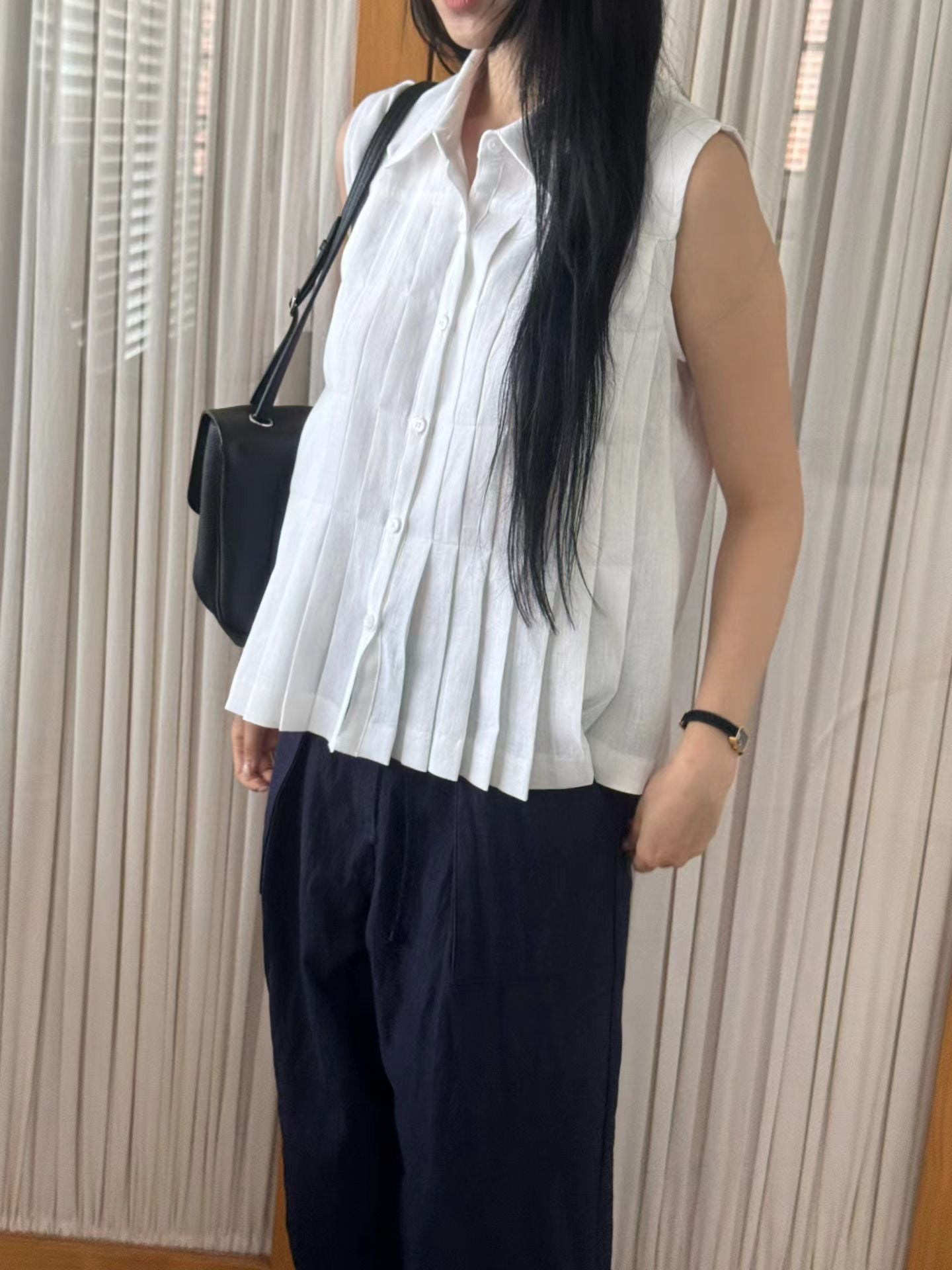 Linen Pleated Short-sleeved Shirt (2 Colors)