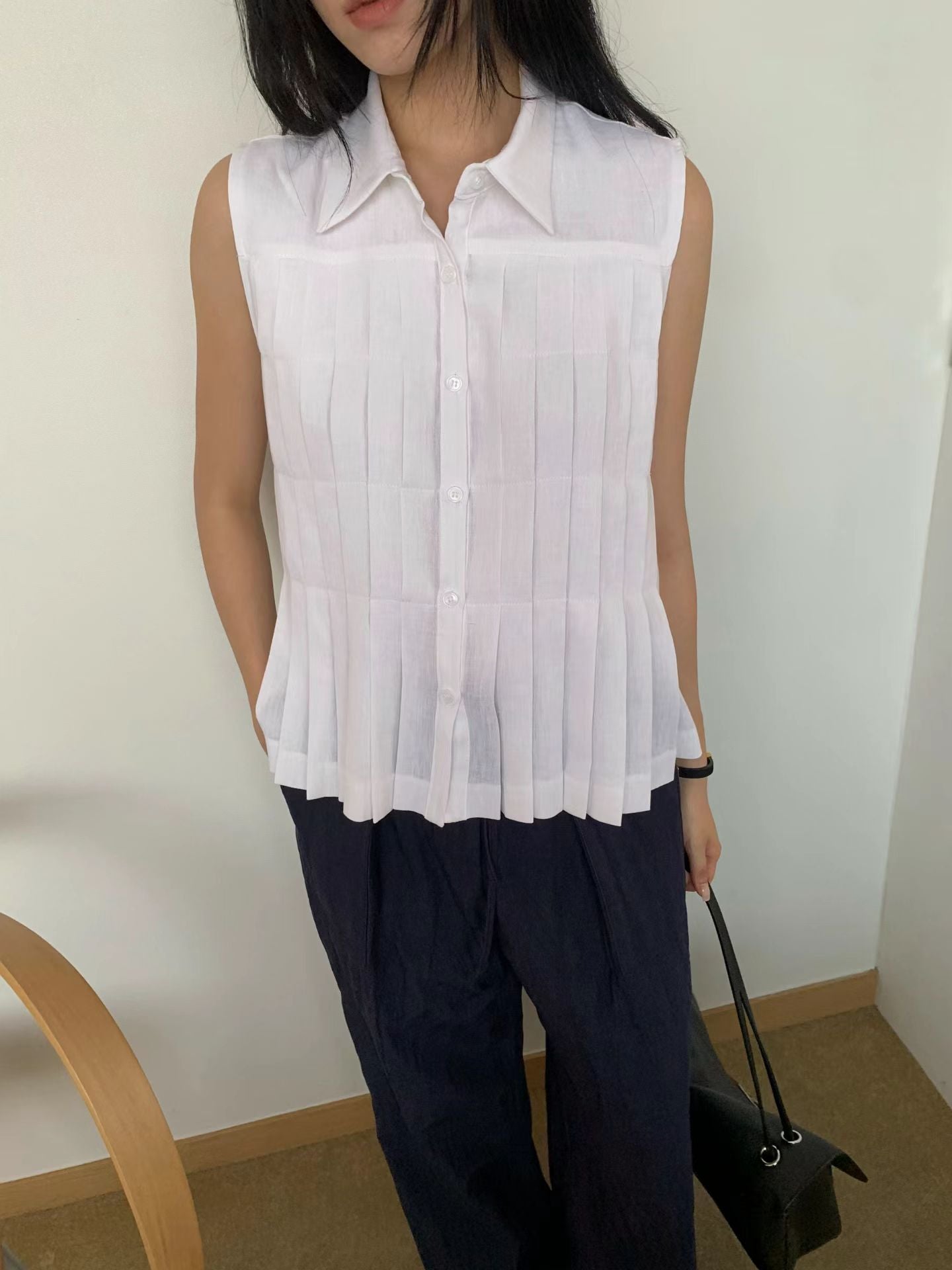 Linen Pleated Short-sleeved Shirt (2 Colors)