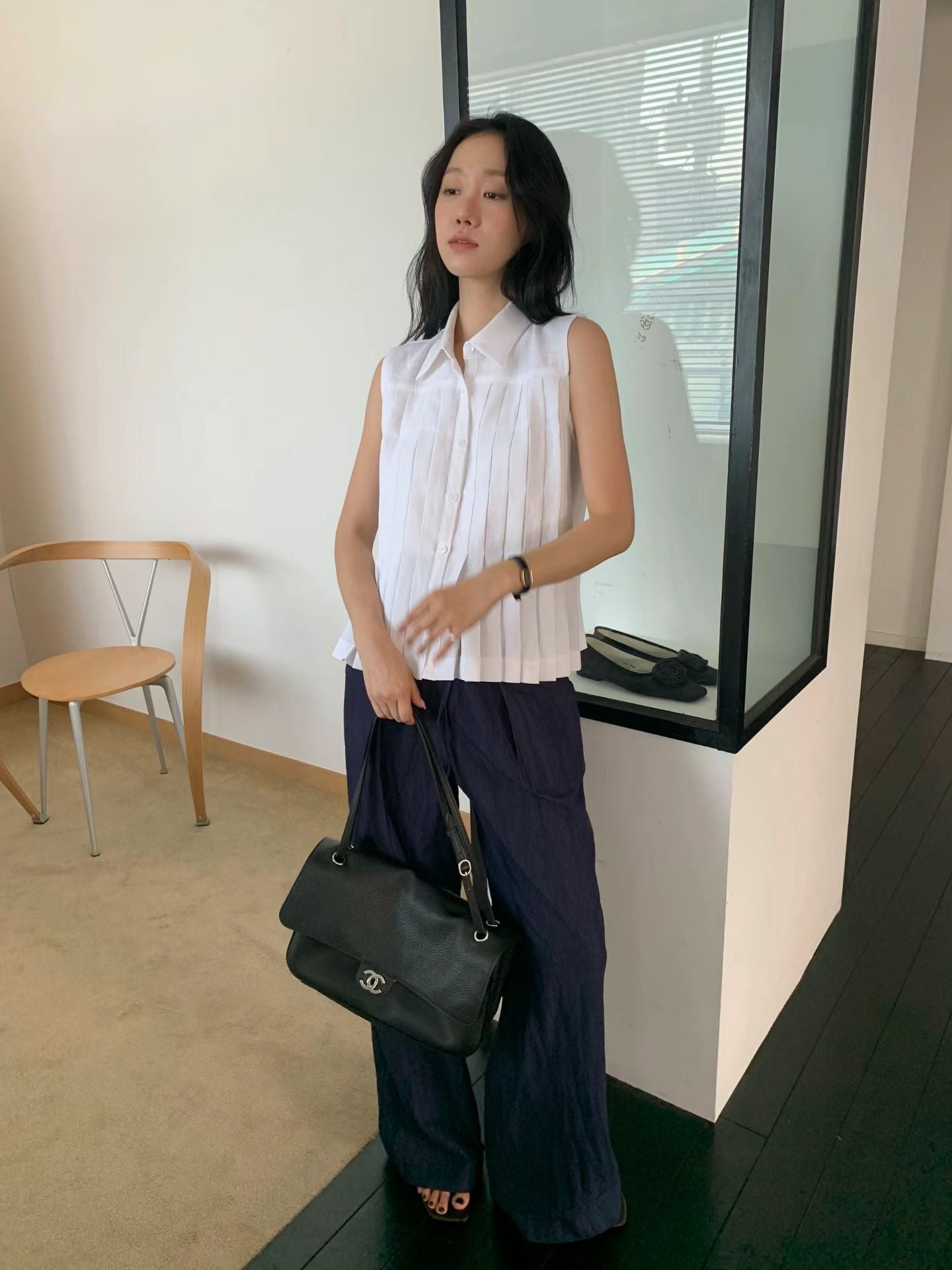 Linen Pleated Short-sleeved Shirt (2 Colors)