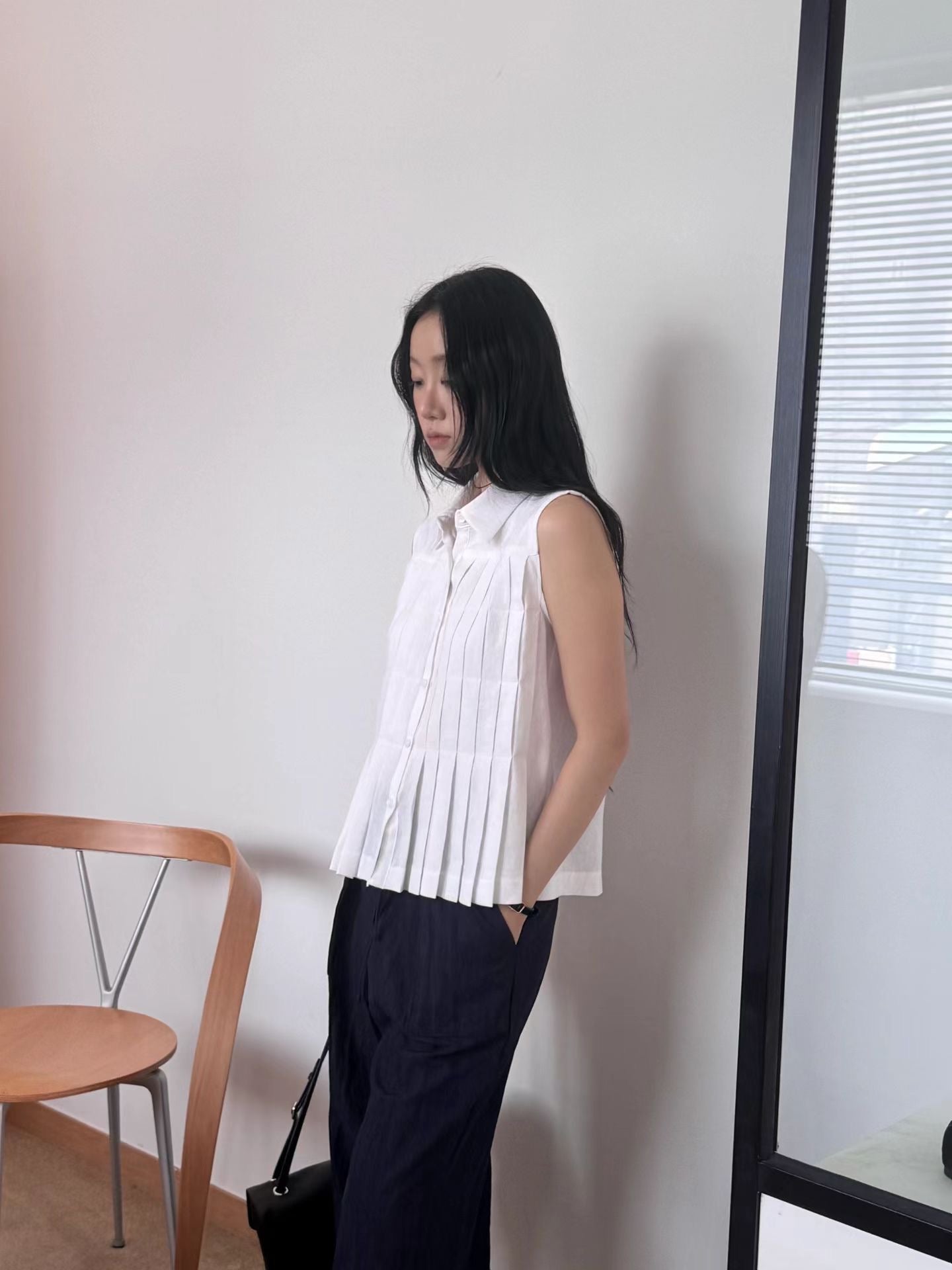 Linen Pleated Short-sleeved Shirt (2 Colors)
