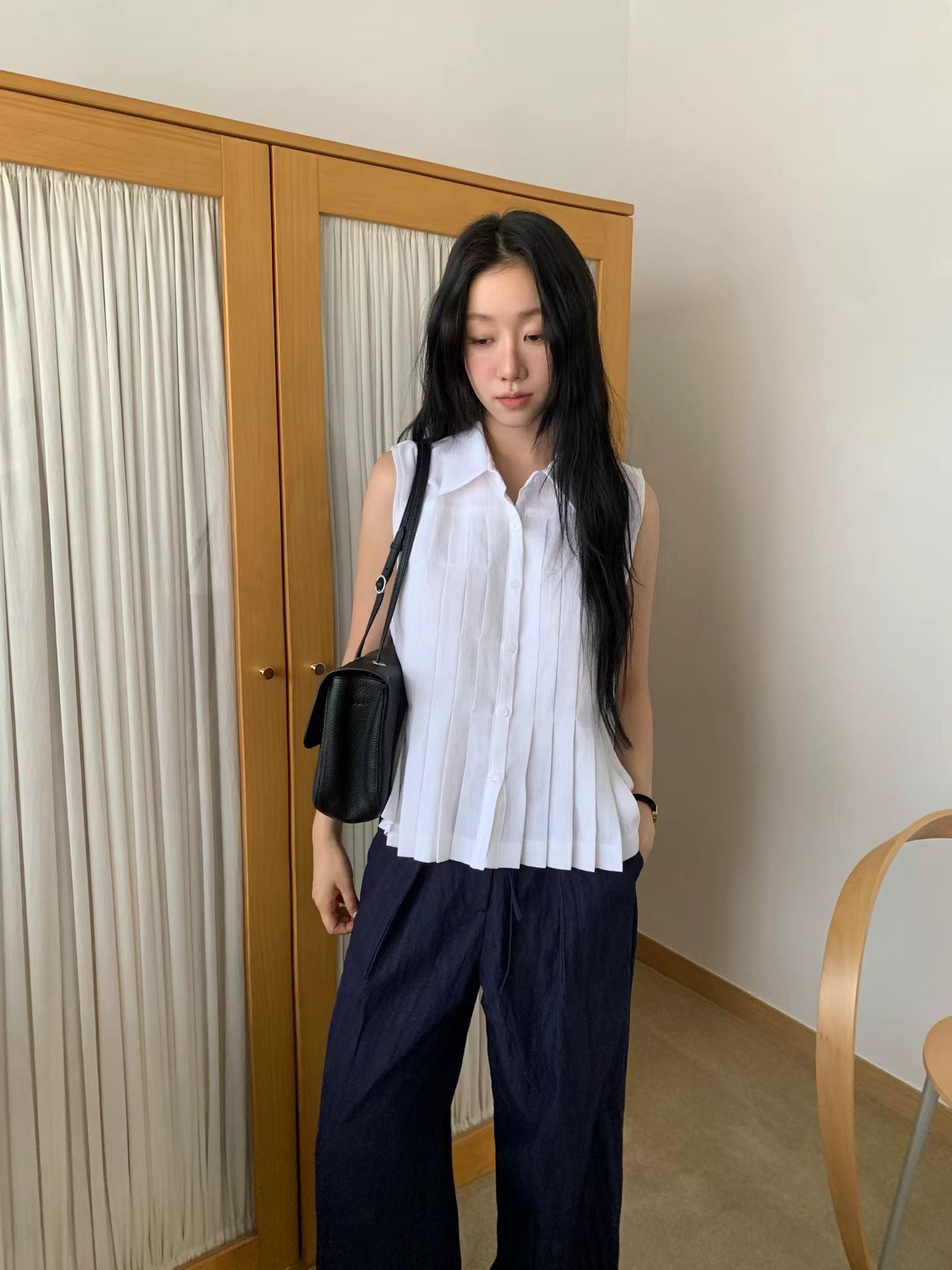 Linen Pleated Short-sleeved Shirt (2 Colors)