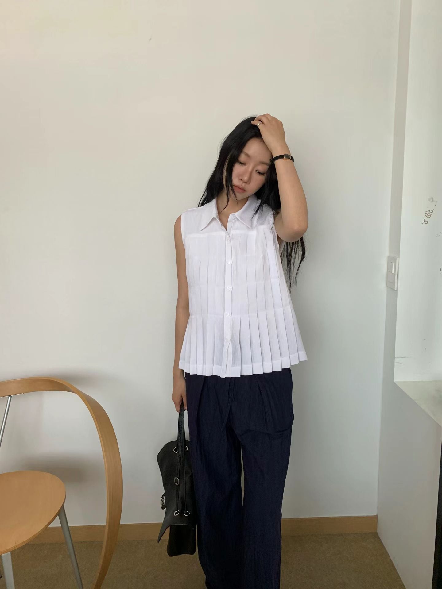 Linen Pleated Short-sleeved Shirt (2 Colors)