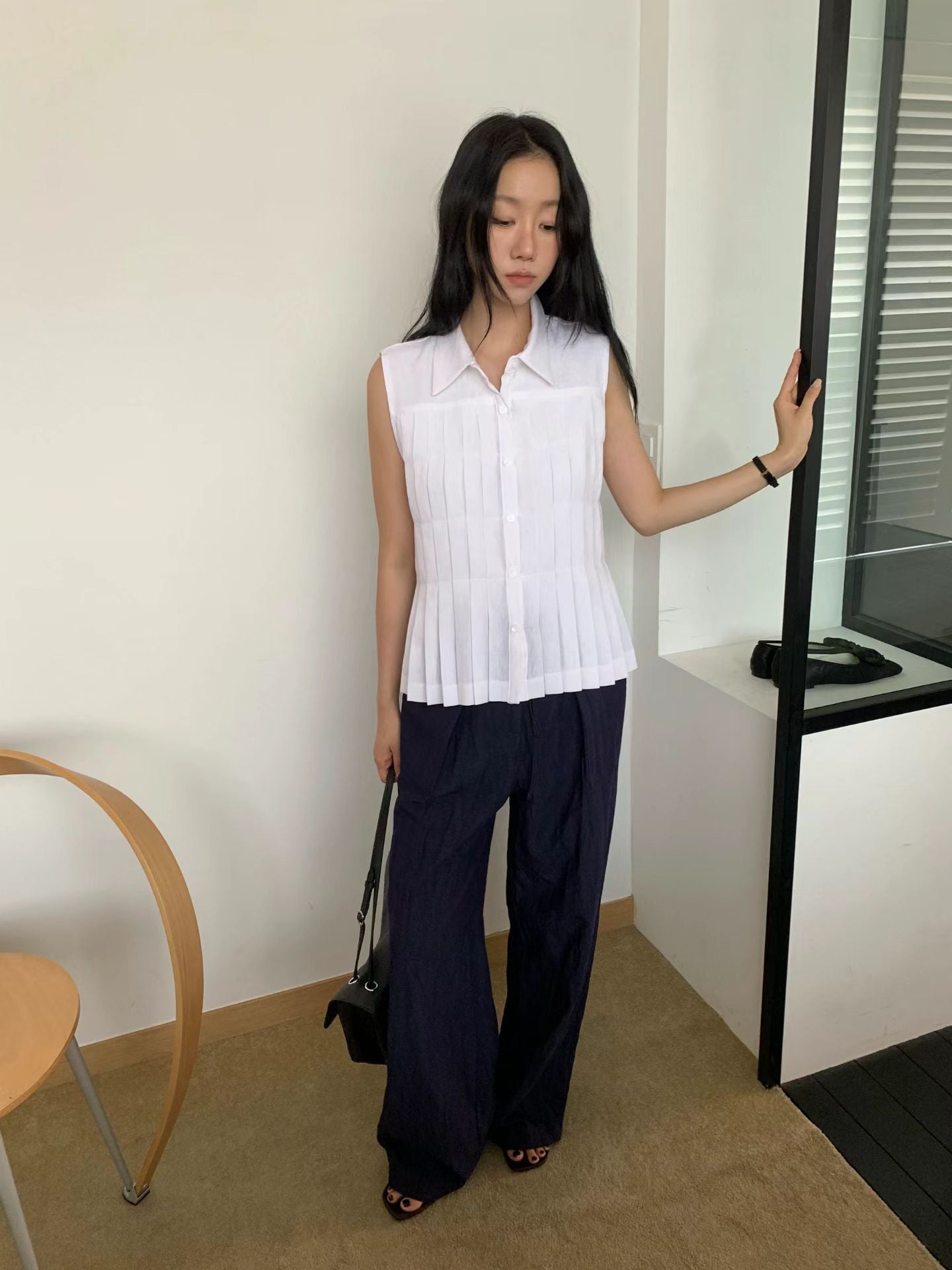 Linen Pleated Short-sleeved Shirt (2 Colors)