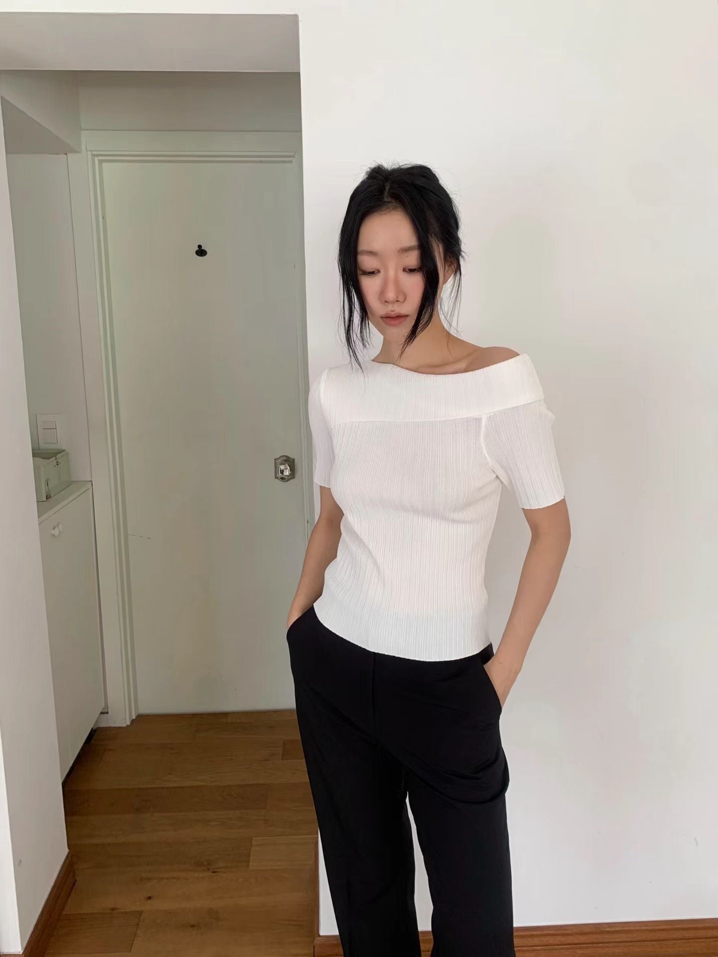 Off Shoulder Short Sleeve Knit Top (3 Colors)