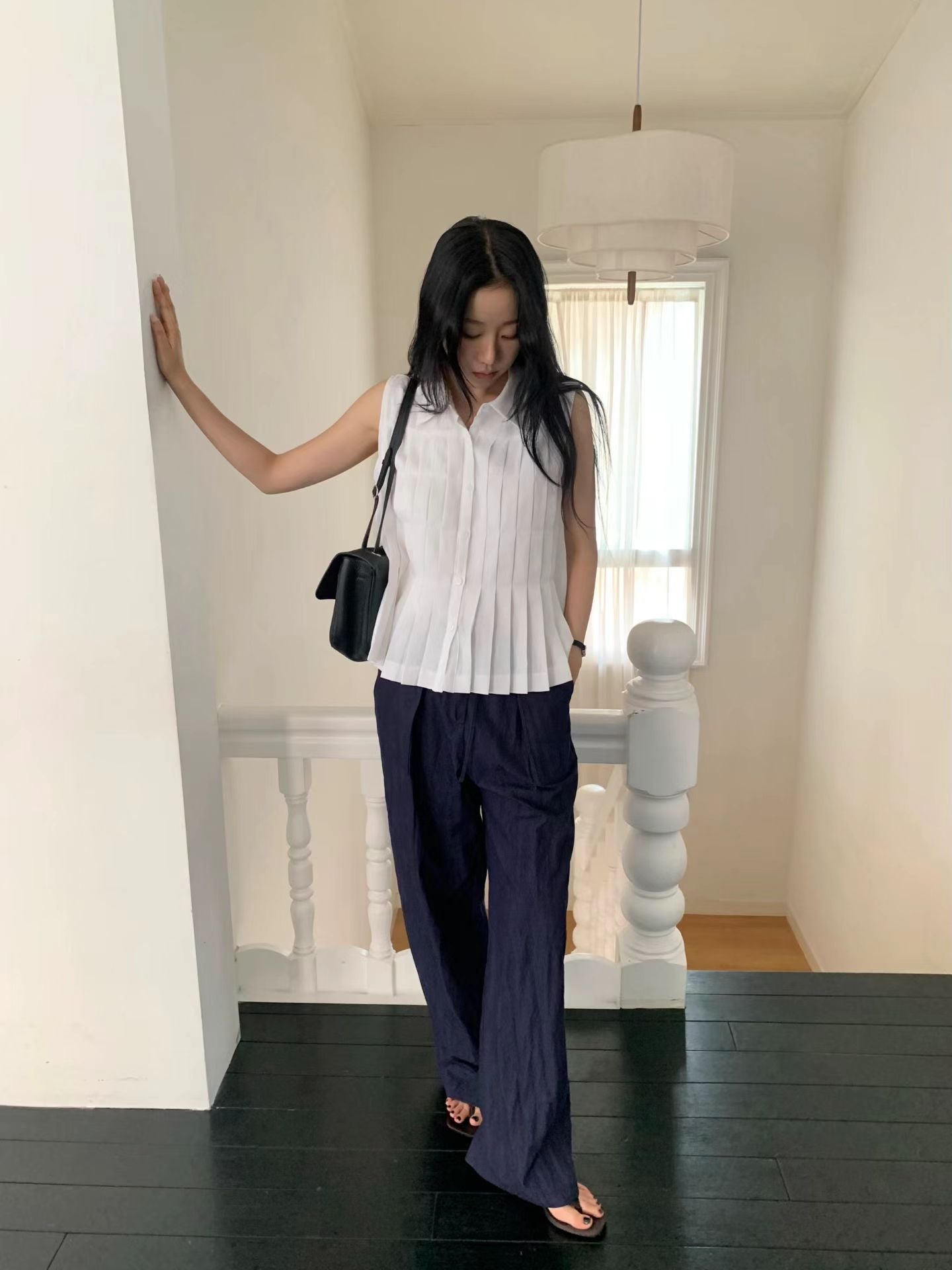 Linen Pleated Short-sleeved Shirt (2 Colors)