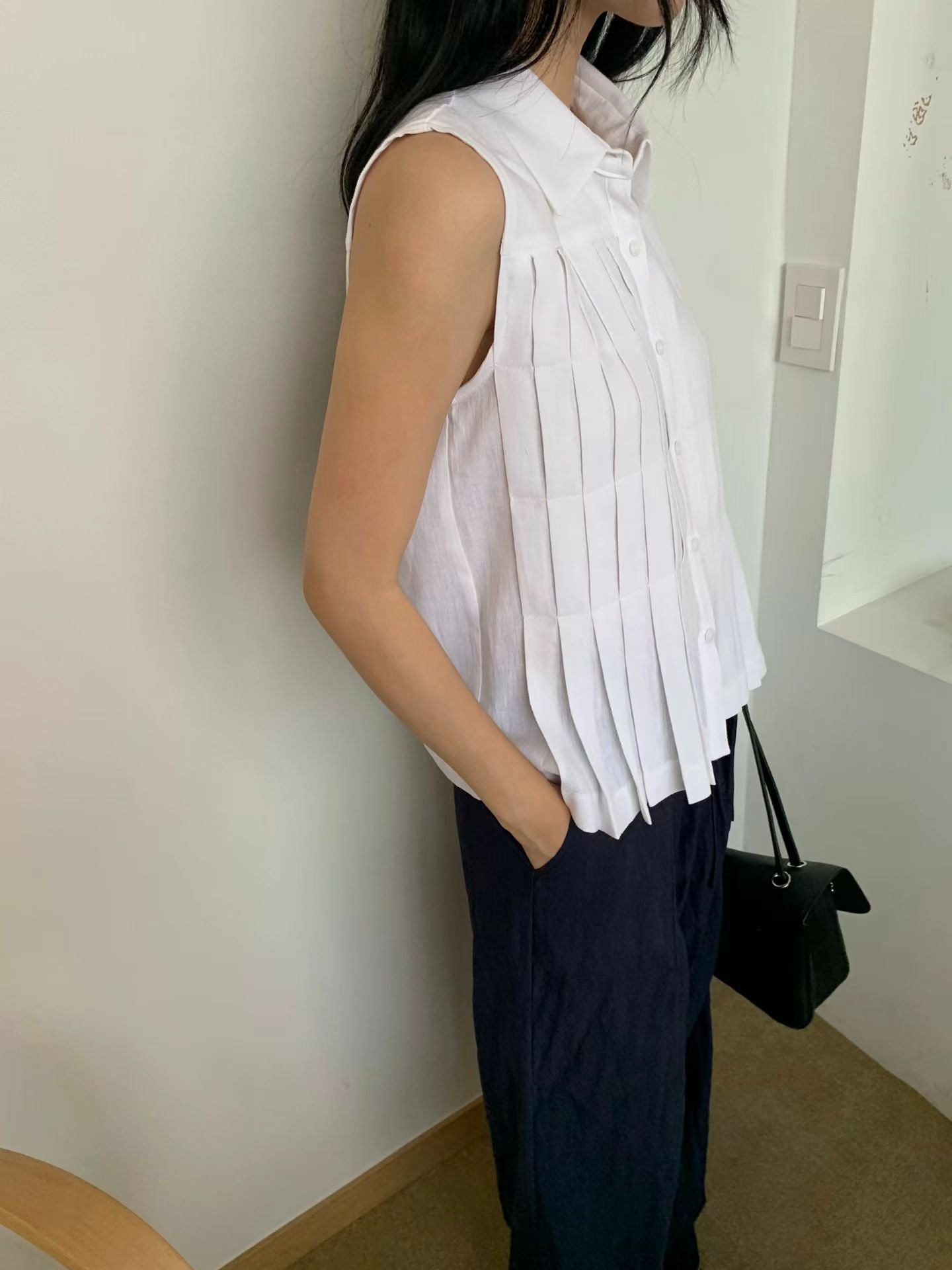 Linen Pleated Short-sleeved Shirt (2 Colors)