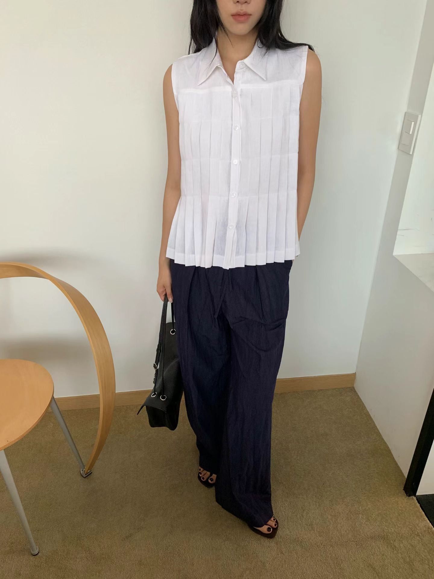 Linen Pleated Short-sleeved Shirt (2 Colors)