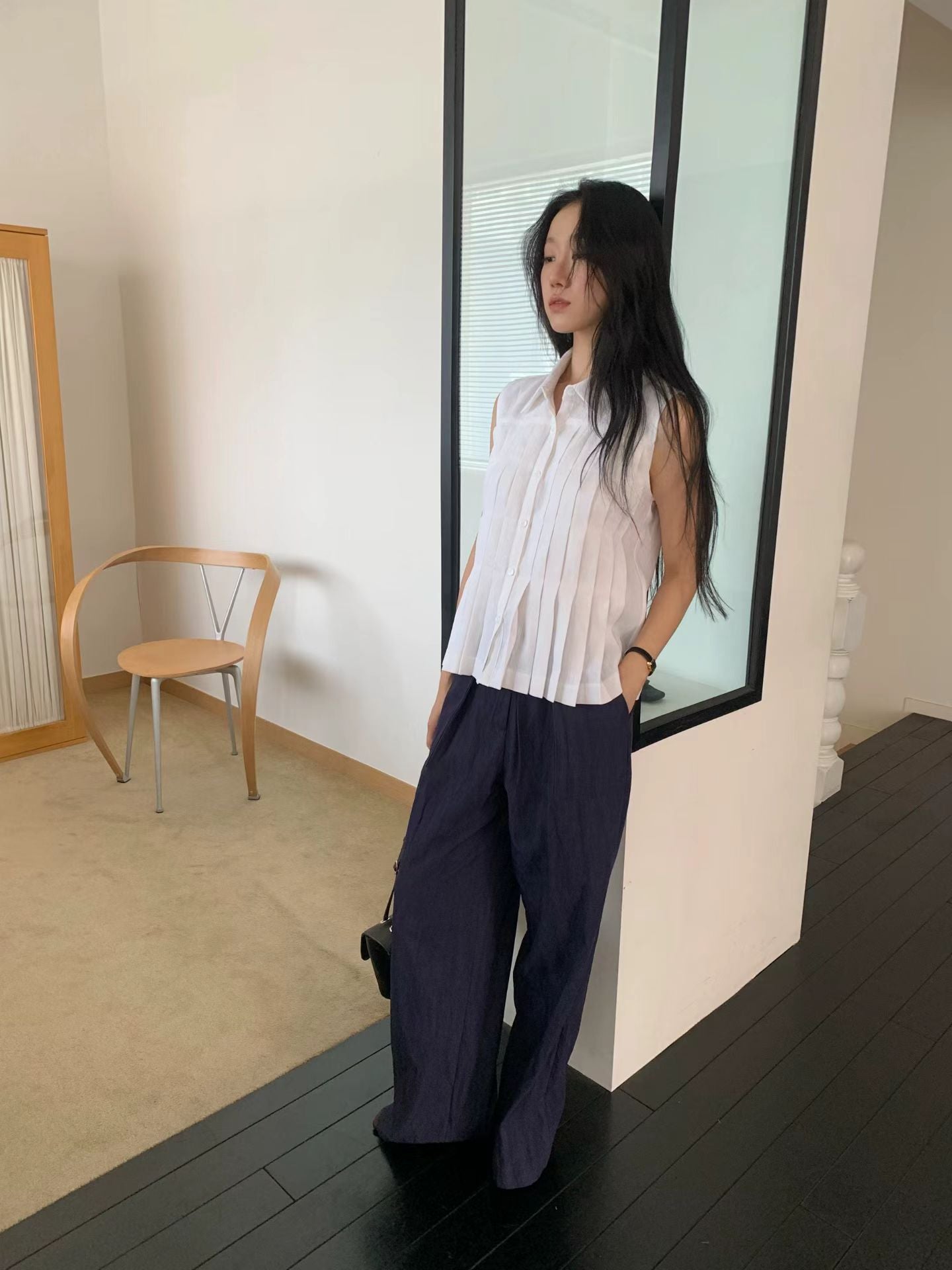 Linen Pleated Short-sleeved Shirt (2 Colors)