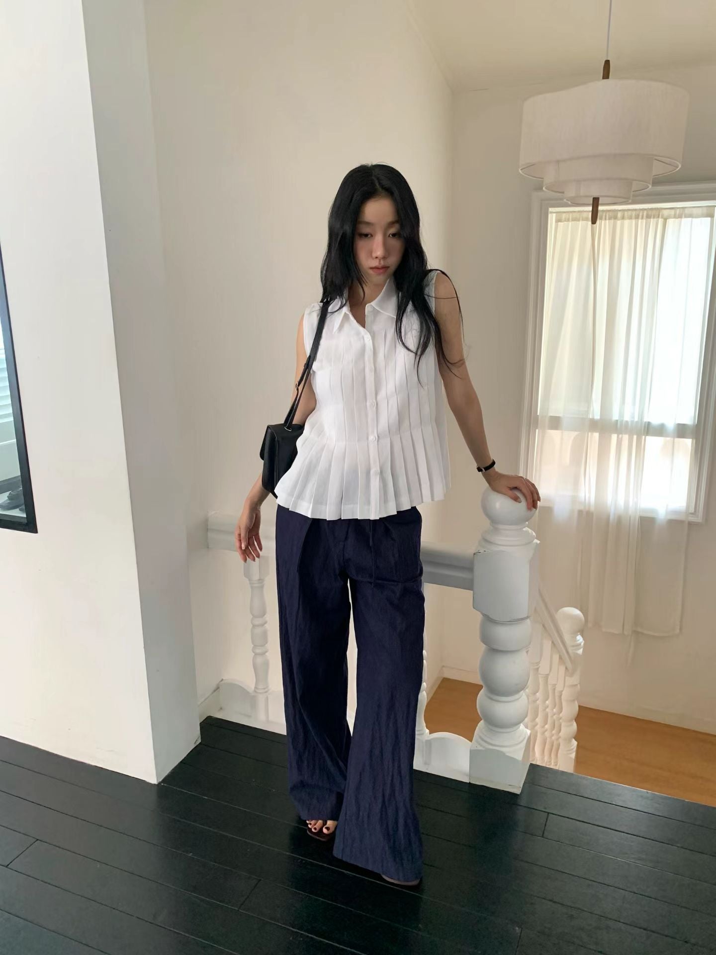 Linen Pleated Short-sleeved Shirt (2 Colors)