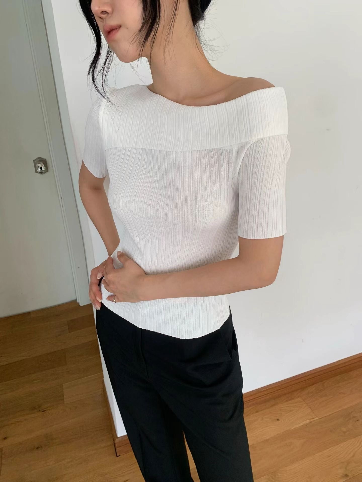 Off Shoulder Short Sleeve Knit Top (3 Colors)